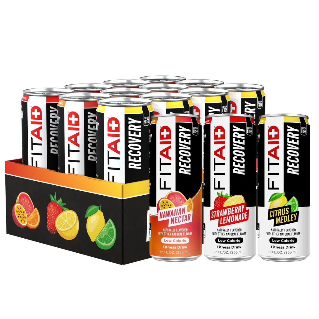 FITAID Recovery Blend, Variety Pack, BCAAs, Glucosamine, Electrolytes, Omega-3s, Πράσινο Τσάι, 100% Καθαρό, Παλαιό, Vegan & Gluten-Free, Φυσικά γλυκασμένα & Γεύσεις, 12 oz. κονσέρβες (Pack of 12)