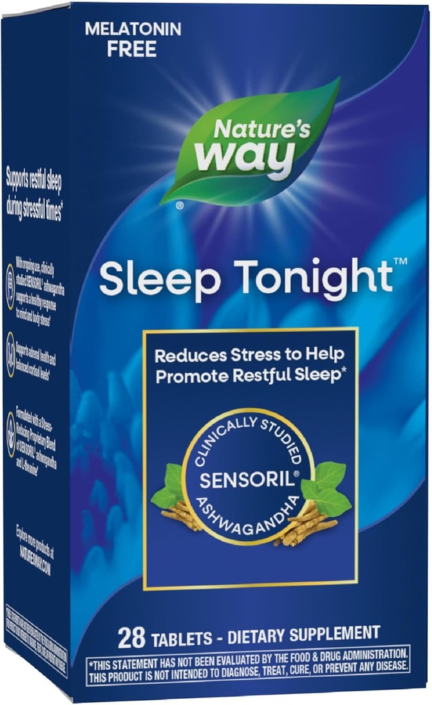 Nature's Way Sleep Tonight, Stress- Reducing Formula to Promotion Restful Sleep*, With Ashwagandha and L-Theanine, Melatonin free, Vegan, 28 Tablets (Packing May Vary)
