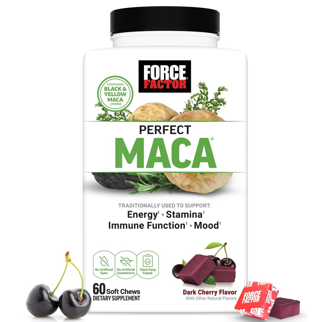 FORCE FACTOR Perfect Maca, Maca Root και DIM συμπλήρωμα με Saffron για την ενίσχυση της ενέργειας και της διάθεσης, με κίτρινο και μαύρο Maca, βιταμίνες, ορυκτά, και αντιοξειδωτικά, Dark Cherry Flavor, 60 μαλακά μάσημα