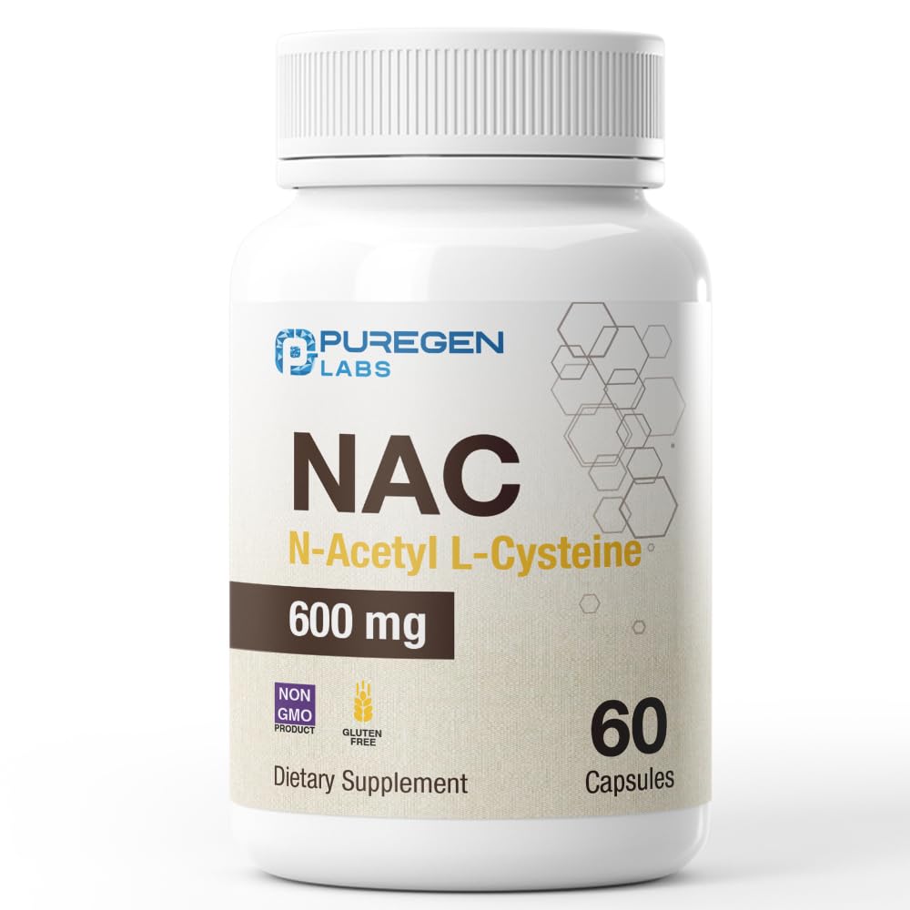 Puregen Labs N-Acetyl-L-Cysteine (NAC) 600mg, Αντιοξειδωτικό συμπλήρωμα υποστήριξης, NAC 600 mg, Εύκολο στην απορρόφηση - 60 κάψουλες χορτοφάγων