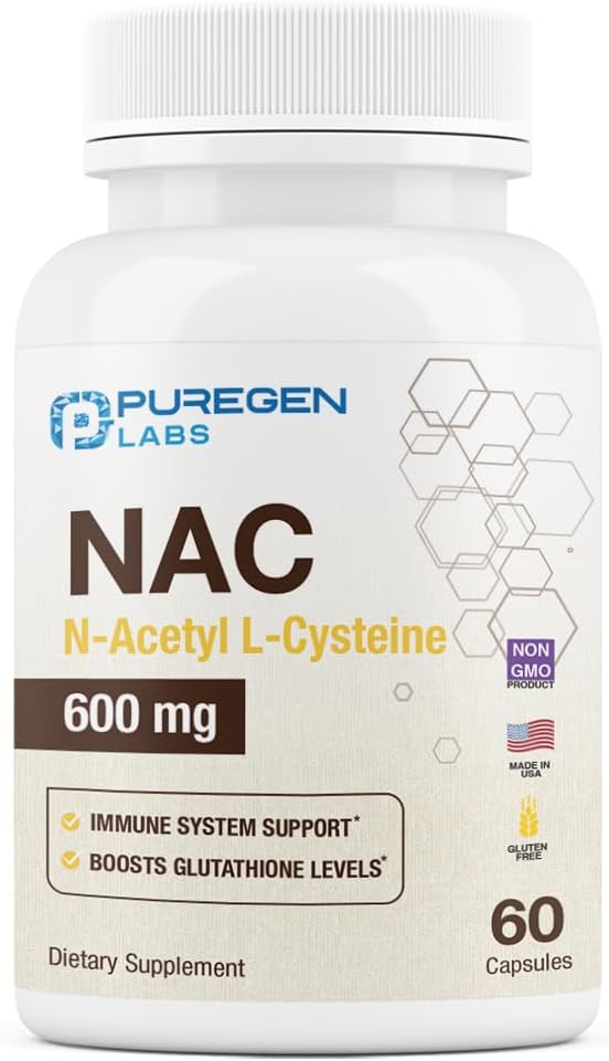 Puregen Labs N-Acetyl-L-Cysteine (NAC) 600mg, Υποστηρίζει το ανοσοποιητικό, αναπνευστικό, ηπατική υγεία, NAC 600 mg, ισχυρή αντιοξειδωτική υποστήριξη, Free-radicals, Easy to Absorb - 60 κάψουλες χορτοφάγων