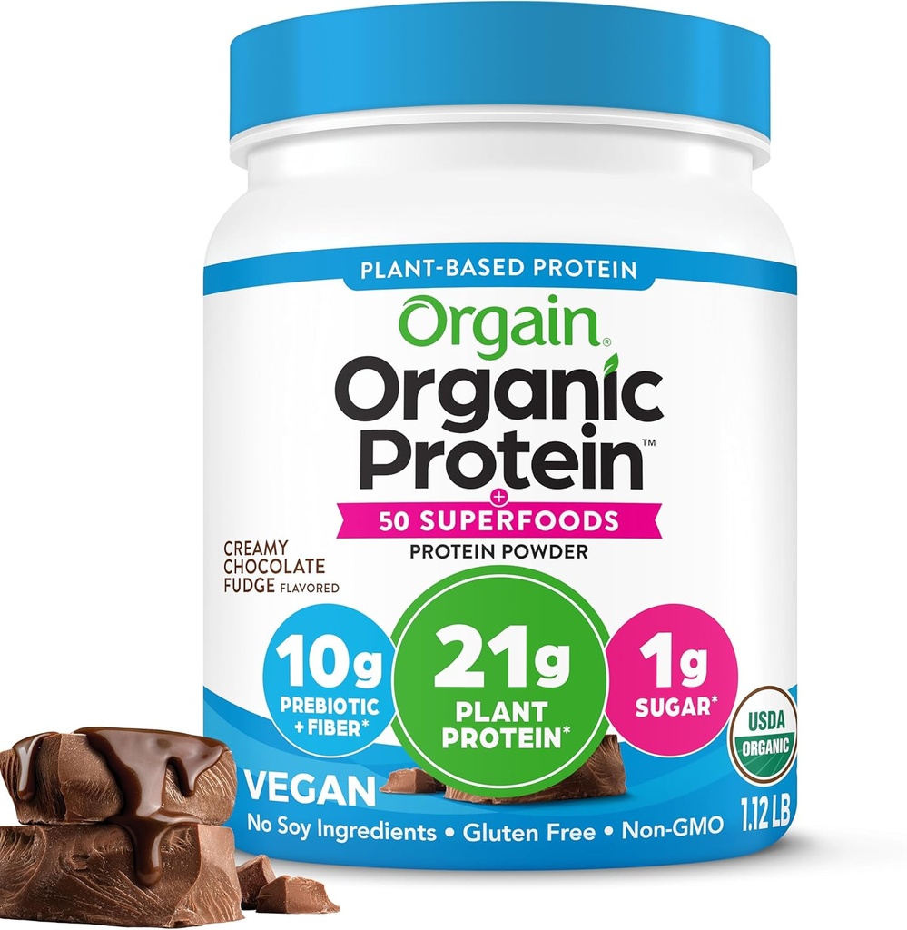 Orgain Organic Vegan Protein + 50 Superfoods Powder, Creamy Chocolate Fudge - 21g Plant Based Protein, 10g Prebiotic Fiber, No Lactose Ingredients, Gluten Free, No Added Sugar, Non-GMO, 1.12 lb