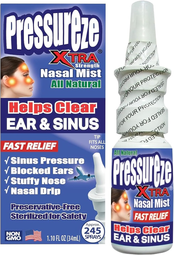 Pressureze Xtra - Φυσικό - συντηρητικό δωρεάν - αποστειρωμένο Nasινικό spray - για σοβαρή ανακούφιση της δυσπεψίας του κόλπου - Ανοίγει μπλοκαρισμένες διώρυγες αυτιού, Snoχαλίζει - 245 sprays, 34 ml (Pack of 1)