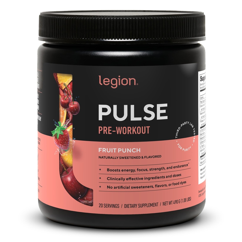 LEGION Pulse Pre workout Supplement - Όλα τα φυσικά Nitric Oxide Preworkout Ποτό για την ενίσχυση της ενέργειας, Createine Δωρεάν, φυσικά γλυκαντικά, Beta Alanine, Citrulline, Alpha GPC (Fruit Punch)