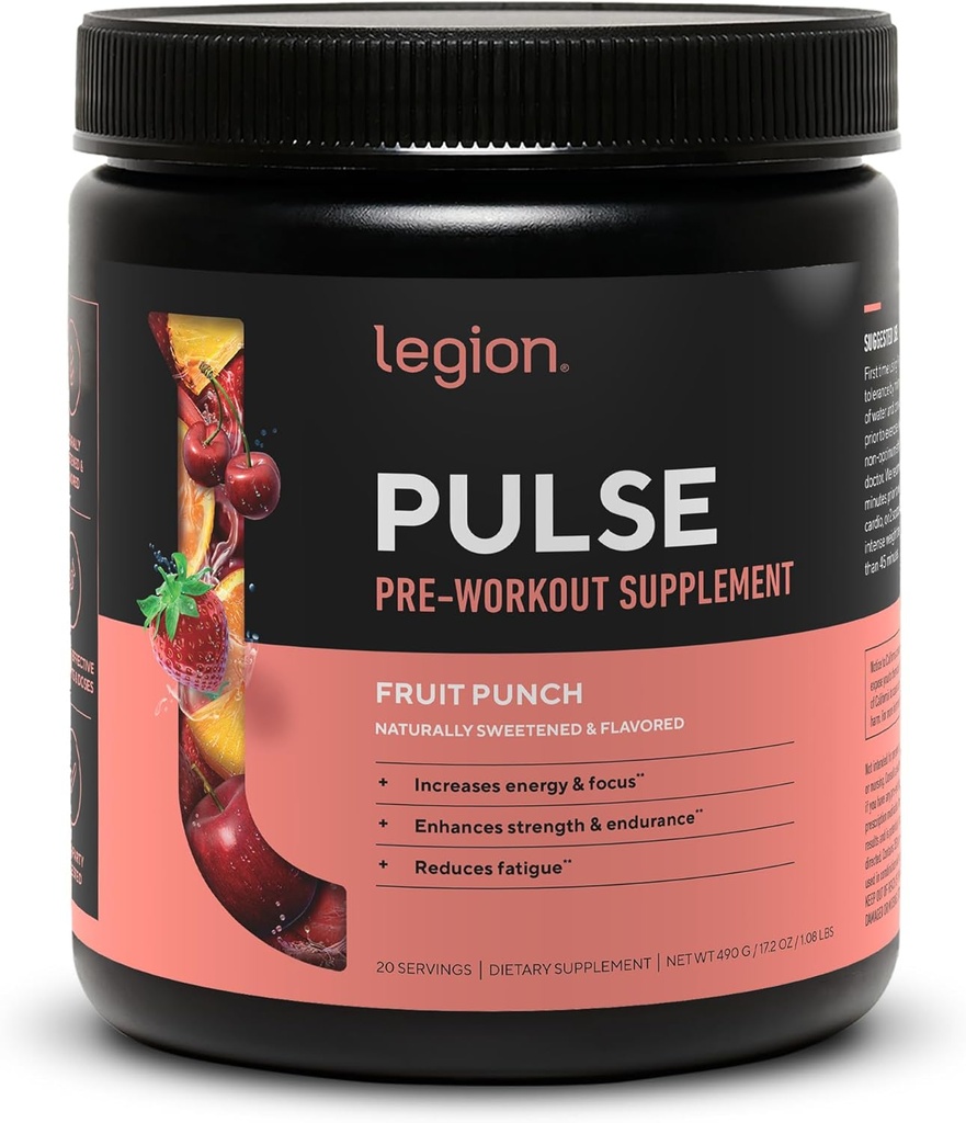 LEGION Pulse Pre workout Supplement - Όλα τα φυσικά Nitric Oxide Preworkout Ποτό για την ενίσχυση της ενέργειας, Createine Δωρεάν, φυσικά γλυκαντικά, Beta Alanine, Citrulline, Alpha GPC (Fruit Punch)
