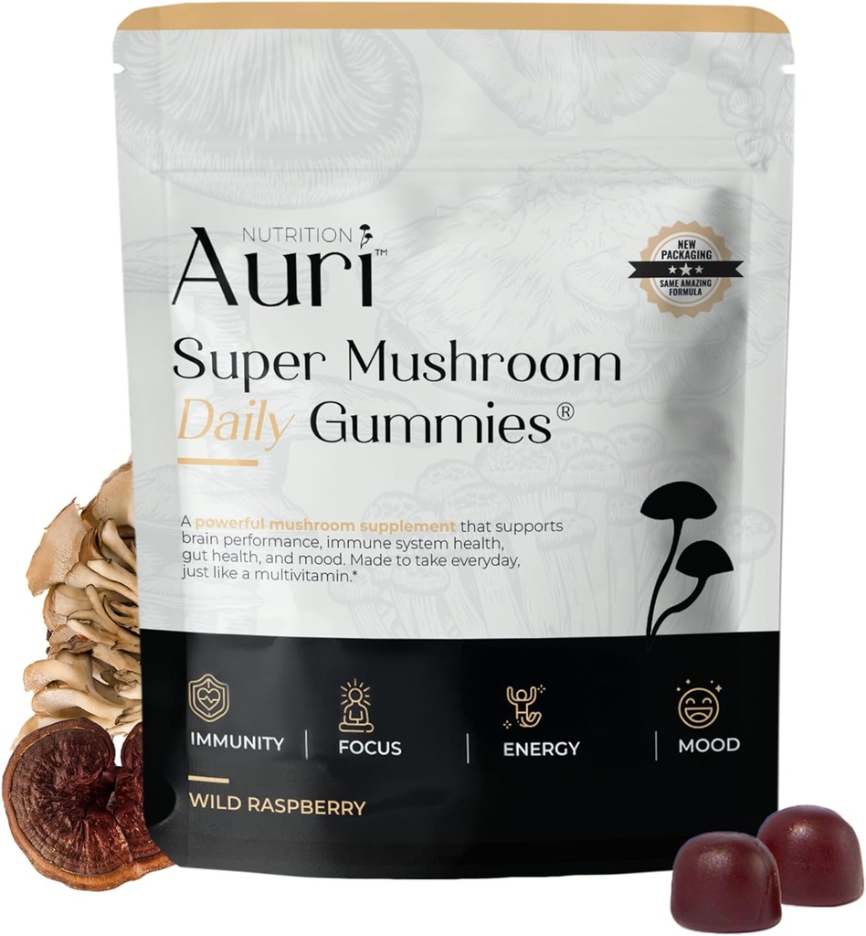 Auri Super Mushroom Daily Gummies - All-in-One Daily Mushroom Supplement Gummy - 12 Mushroom Blend with Chaga, Lions Mane, Reishi, Cordyceps - 60 Gummies