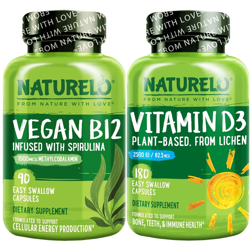 NATURELO Βιταμίνη D - Φυτό με βάση από τη λειχήνα - 180 μίνι κάψουλες, Vegan B12, 1000 mcg Μεθυλοκοβαλαμίνη - 90 κάψουλες