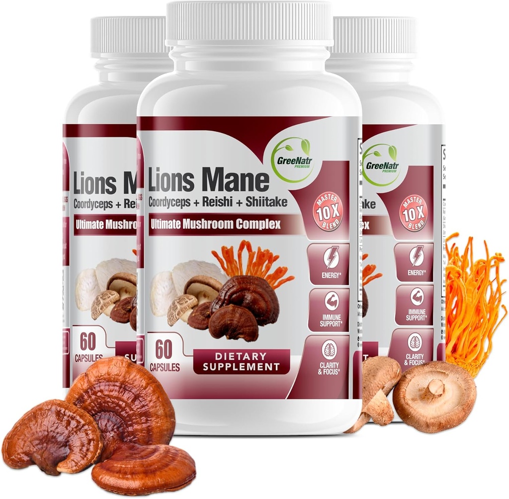 GreeNatr Complete Mushroom Supplement -10 in 1 Complex with Lions Mane, Cordyceps, Shiitake, Chaga, Turkey Tail for Immune Support, Memory, Focus & Natural Energy Booster - 180 Κάψουλες (3 φιάλες)