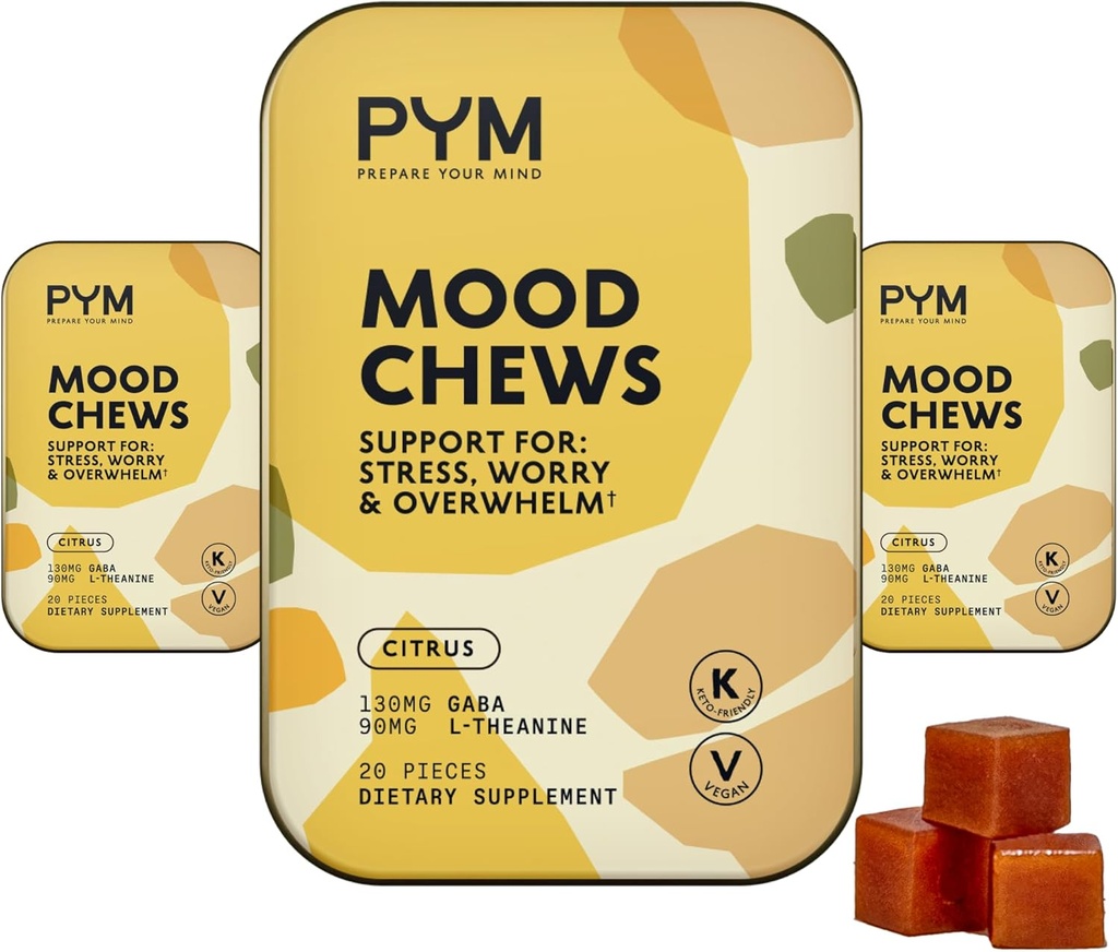 PYM Citrus Mood Chews Support for Stress, Worry & Overwhelm, 60 Count | 130mg GABA, 90mg L-Theanine | Vegan, Non-GMO, Gluten-Free, No Added Sugar | All-Natural Mood Balance Supplement Made in USA
