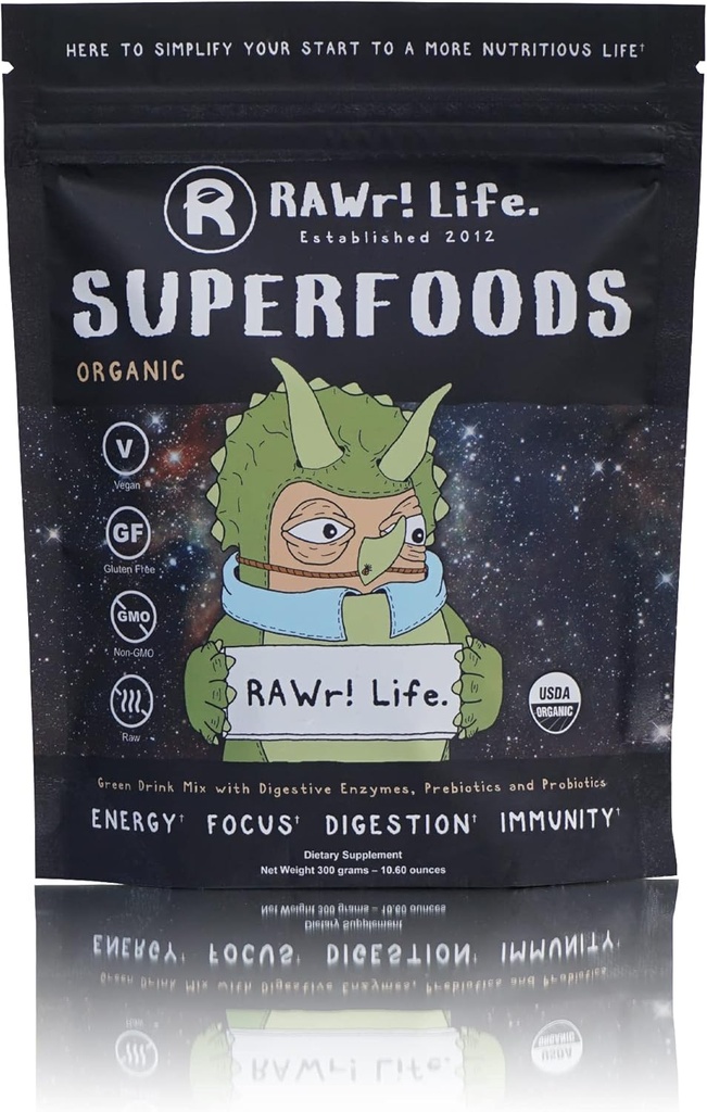 RAWr! Superfoods - w Digestive Enzymes Probiotics & Prebiotics Green Drink Powder - Certified Organic - Δημιουργήθηκε από Pro Skateboarder John Motta & Pro BMXer/Rare Fruit Grower Joey Motta