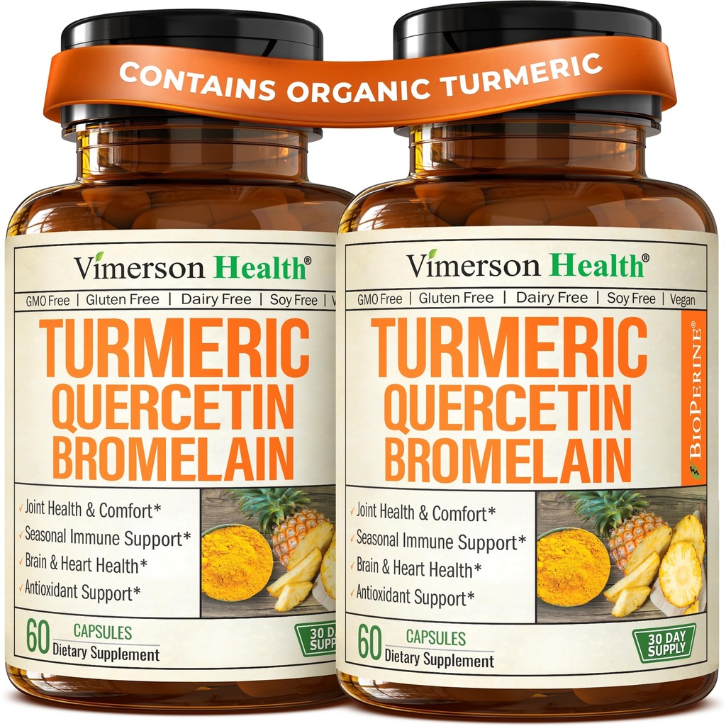 Quercetin w/ Bromelain Turmeric Curcumin Supplement – Triple Action: Allergy Relief, Inflammation & Joint Support with Organic Tumeric + Bioperine for Max Absorption – 60 Quercetin 500mg Caps, 2 Pack