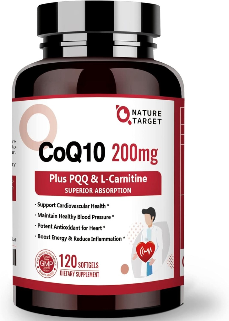 NATURE TARGET CoQ10-200mg με PQQ L-καρνιτίνη & Omega-3s, Υψηλή Απορρόφηση Συνένζυμο-Q10 με BioPerine, Υποστηρίζει την καρδιά και το ανοσοποιητικό σύστημα, Κυτταρική-Ενέργεια-Παραγωγή, 120 Υπηρεσίες