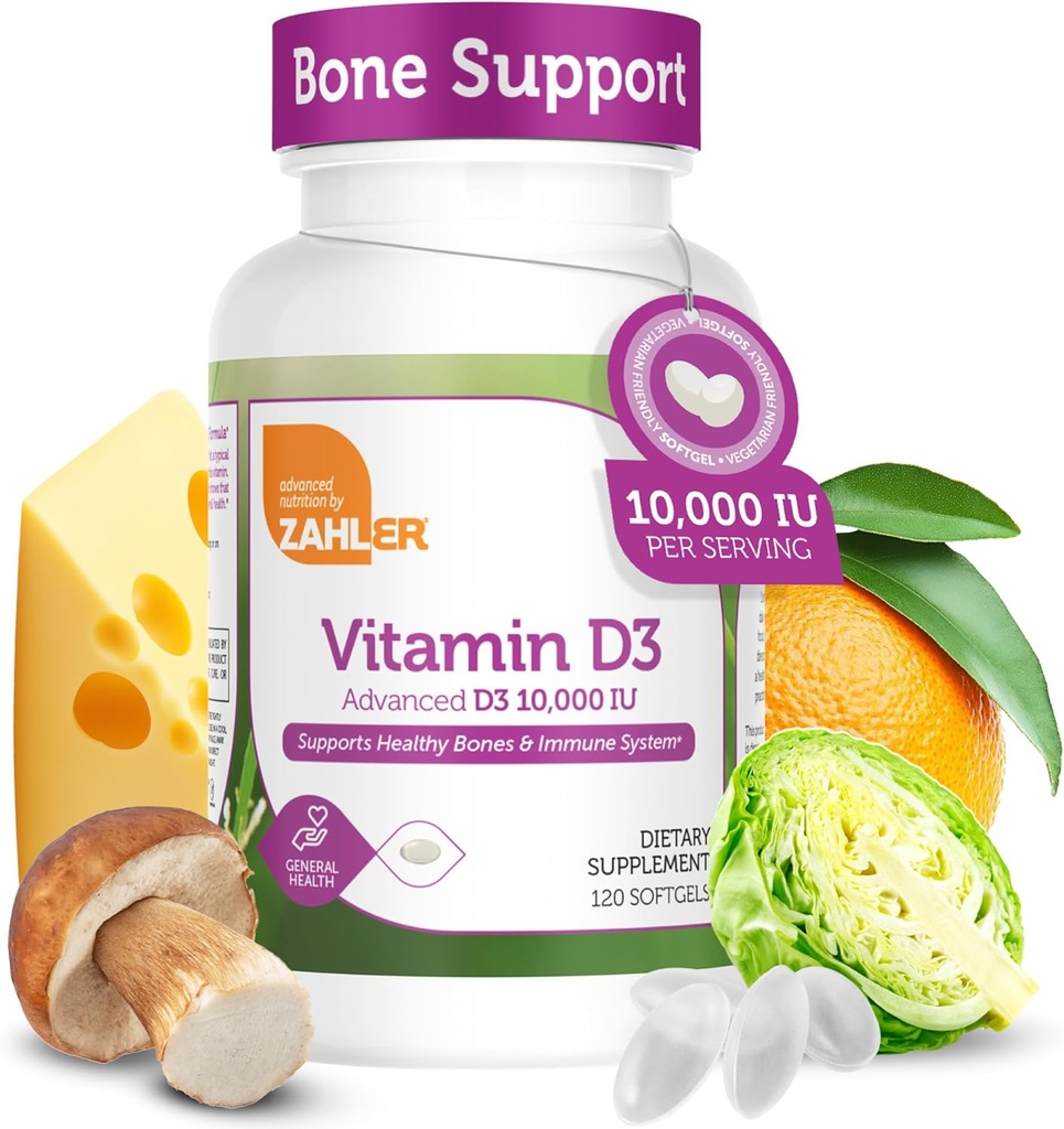 Zahler - Advanced Vitamin D3 10.000 IU Softgels (120 Count) Kosher Vegetarian Friendly Vitamin D for Immune Support, Bone, Teeth & Muscle Health - Καθημερινή D3 συμπλήρωμα βιταμίνης για ενήλικες - Easy Swallow