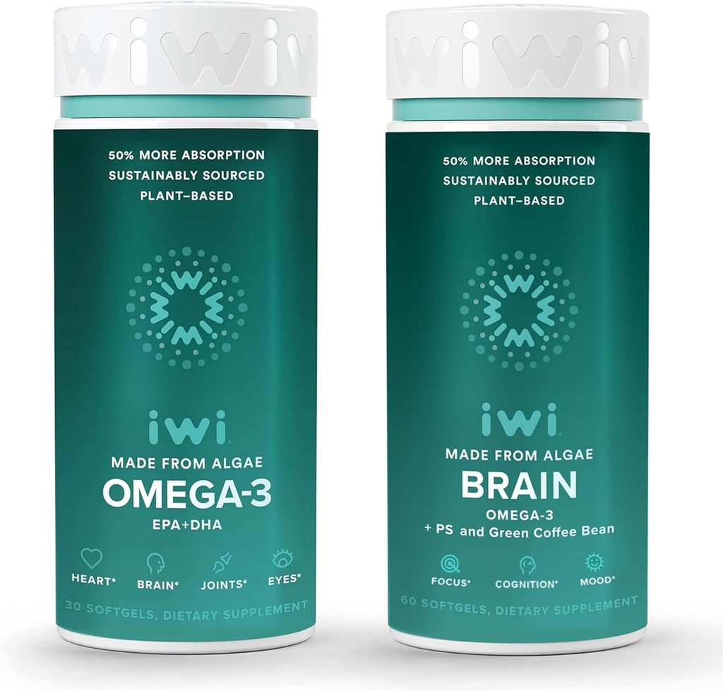 Iwi Omega-3 & Brain Omega-3 Bundle, 30 εξυπηρετήσεις, Vegan Plant-based Algae Omega 3 with EPA + DHA, Krill & Fish Oil Alternative, Χωρίς ψαρική επίγευση