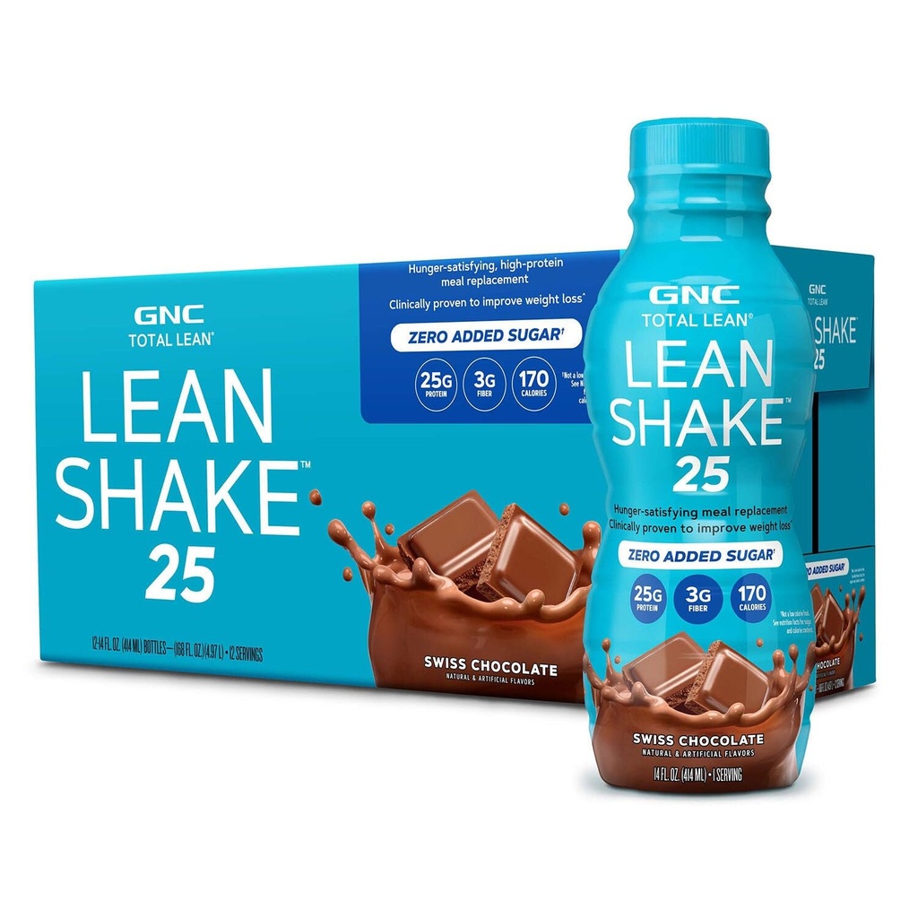 GNC Lean Shake 25 Protein Shake, Clinically Proven Weight Management, Meal Replacement, 25g Protein with Zero Added Sugar, Ready to Drink, Swiss Chocolate, Συσκευασία των 12