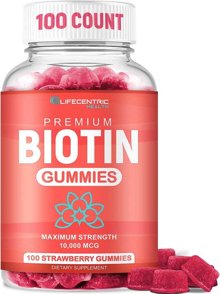 Biotin Gummies for Hair Growth | Max Strength Biotin 10000mcg Prevents Thinning and Loss | Chewable Biotin Supplement For Women Men and Kids | 100 Count Vegan Hair Gummies for Hair Skin and Nails