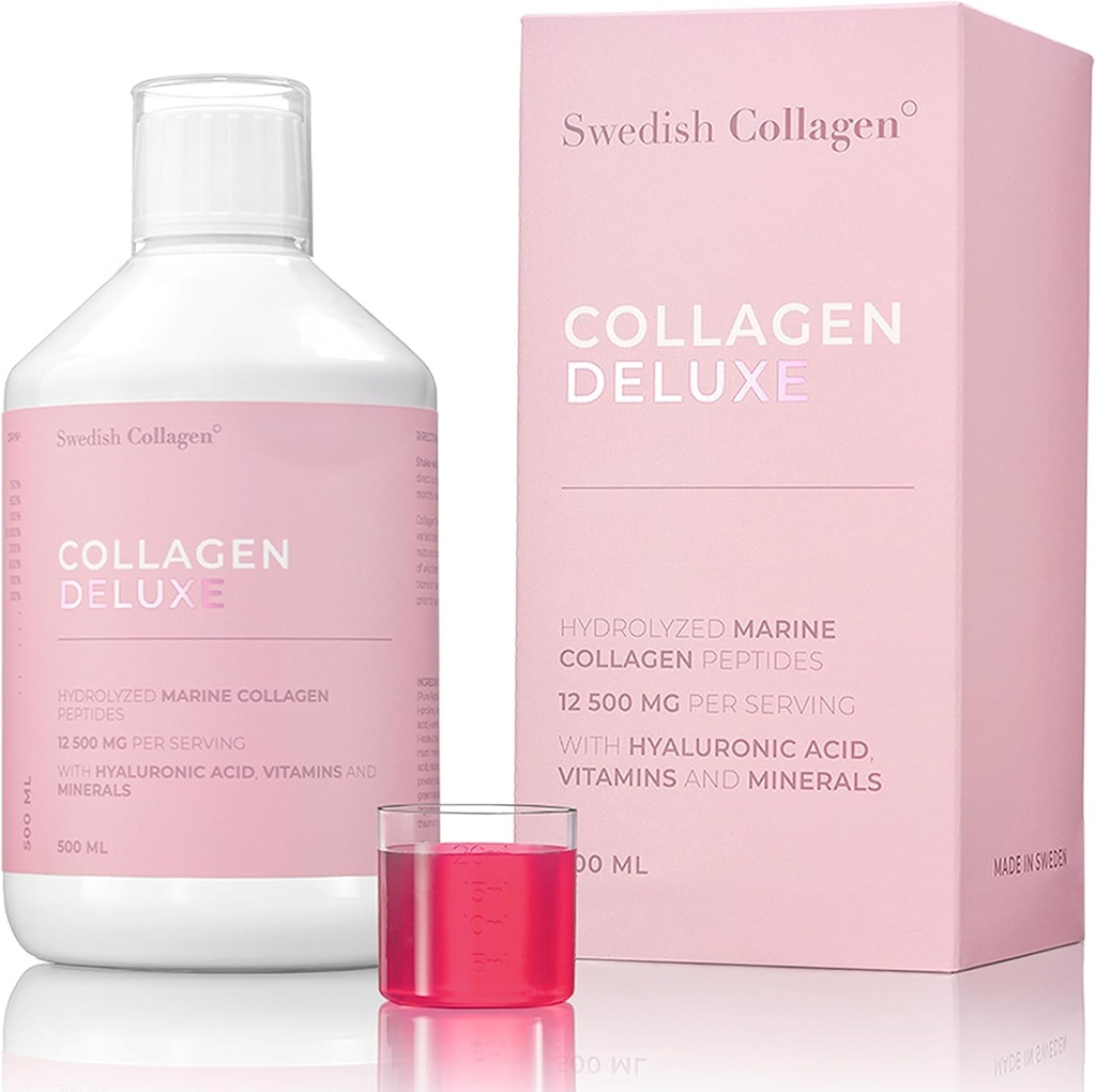 Swedish Collagen Deluxe | 12,500 mg Hydrolyzed Marine Collagen Liquid Supplement - 500 ml, 20 Day Supply | Hyaluronic Acid, Biotin and Vitamin C to Support Healthy Hair, Skin, Nails | Sugar-Free