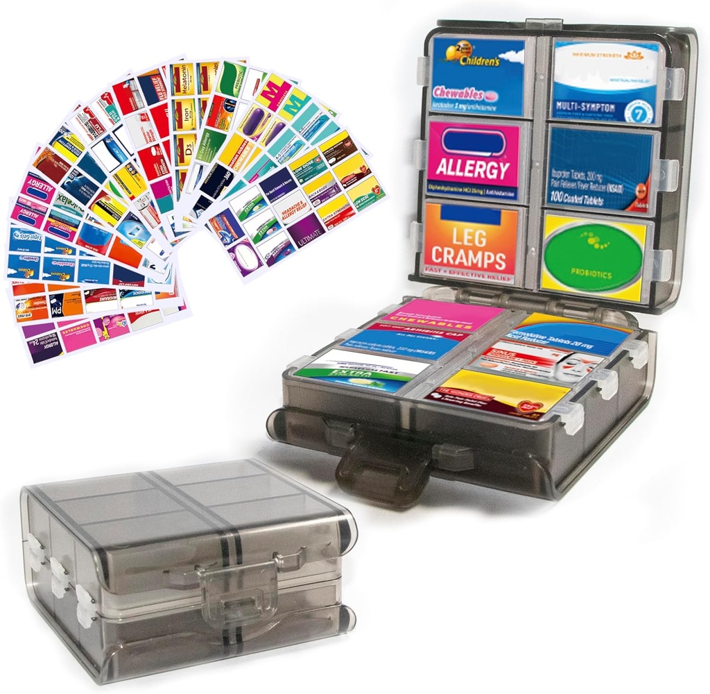 Μεγάλος Διοργανωτής Χάπια με ετικέτες Ιατρικής, Διανομέας Χάπια 12-Διαμέρισμα Ταξιδιωτική Φάρμακο Θήκη Αποθήκευσης, 7-Day Χάπια Κουτί για Βιταμίνες & Συμπληρώματα (Grey, 161 Labels)