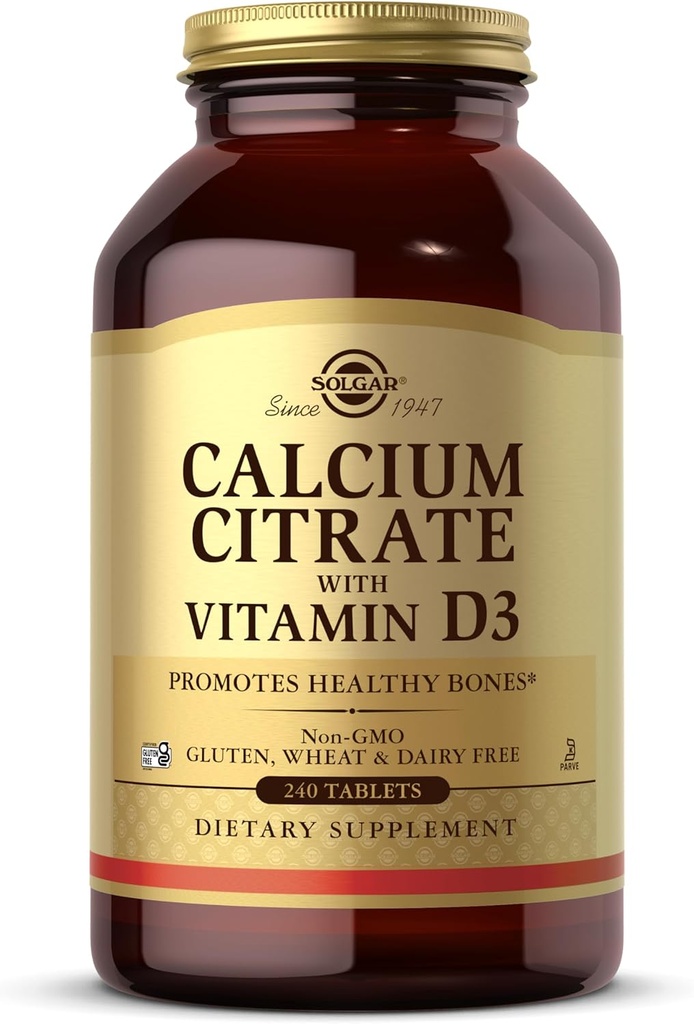 Solgar Calcium Citrate with Vitamin D3, 240 Tablets - Προάγει υγιή οστά & δόντια, υποστηρίζει μυοσκελετικά & νευρικά συστήματα - Μη ΓΤΟ, χωρίς γλουτένη, χωρίς γαλακτοκομικά, Kosher - 60 εξυπηρετήσεις