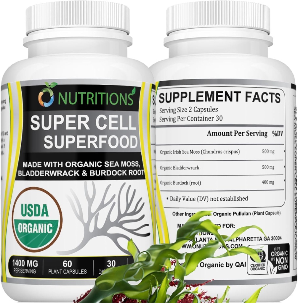Sea Moss 60 Κάψουλες USDA Certified Organic Irish Sea Moss Capses with Bladderwrack & Burdock Root – Συμπλήρωμα Υποστήριξης Ανοσοποιητικών για Άνδρες και Γυναίκες – Γυναίκες Βιταμίνες και Ανδρικές Βιταμίνες (1 Pack)
