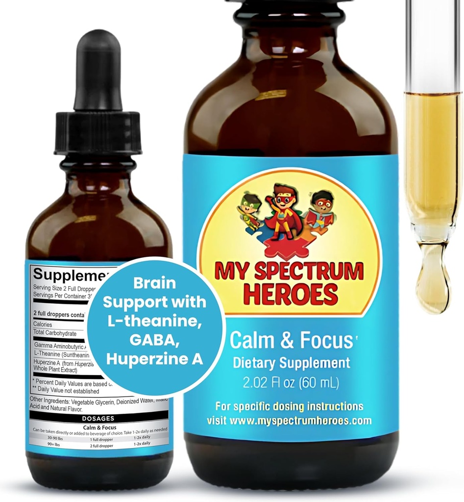 My Spectrum Heroes Calm & Focus Supplement Drops - Υποστήριξη εγκεφάλου με L-theanine, GABA, Huperzine A - Ενίσχυση Εστίασης για Παιδιά ή Ενήλικες - Ενίσχυση Συγκέντρωσης για Παιδιά & Έφηβοι - 2,02 FL oz. (60 ml)