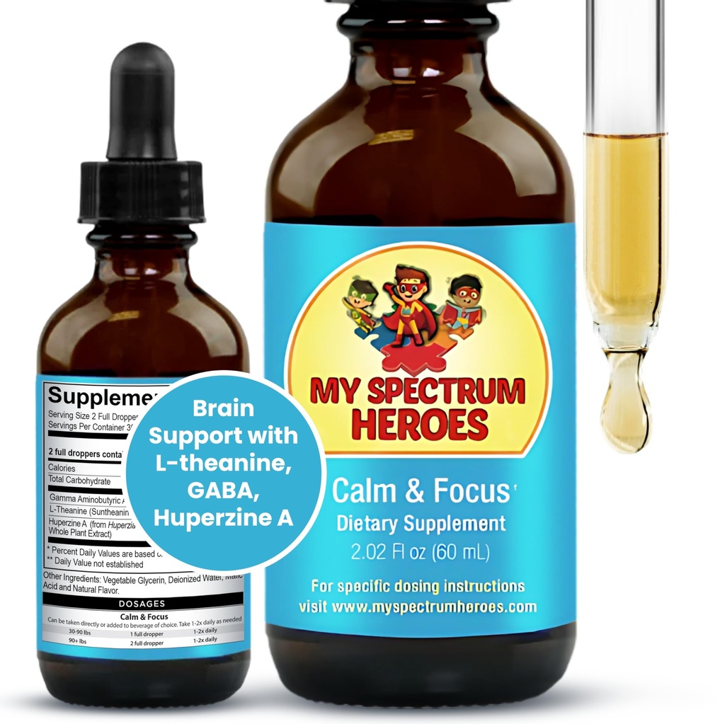 My Spectrum Heroes Calm & Focus Supplement Drops - Υποστήριξη εγκεφάλου με L-theanine, GABA, Huperzine A - Ενίσχυση Εστίασης για Παιδιά ή Ενήλικες - Ενίσχυση Συγκέντρωσης για Παιδιά & Έφηβοι - 2,02 FL oz. (60 ml)