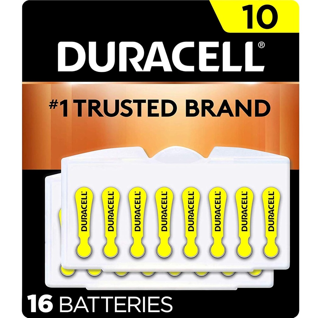 Duracell Hearing Aid Batteries Yellow Size 10, 16 Count Pack, 10A Size Hearing Aid Battery with Long-Lasting Power, Extra-Long EasyTab Install for Hearing Aid Devices