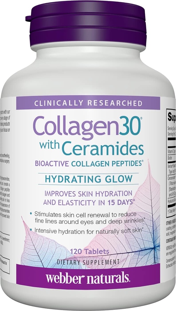 Webber Naturals Collagen30 με Ceramides, Bioactive Collagen Peptides, 120 Tablets, Hydrating Glow, Βοηθά στη βελτίωση της ενυδάτωσης του δέρματος, της ελαστικότητας και της απαλότητας, Μη ΓΤΟ, Χωρίς γαλακτοκομικά & γλουτένη