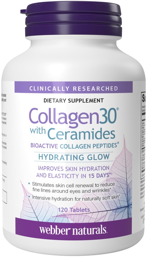 Webber Naturals Collagen30 με Ceramides, Bioactive Collagen Peptides, 120 Tablets, Hydrating Glow, Βοηθά στη βελτίωση της ενυδάτωσης του δέρματος, της ελαστικότητας και της απαλότητας, Μη ΓΤΟ, Χωρίς γαλακτοκομικά & γλουτένη