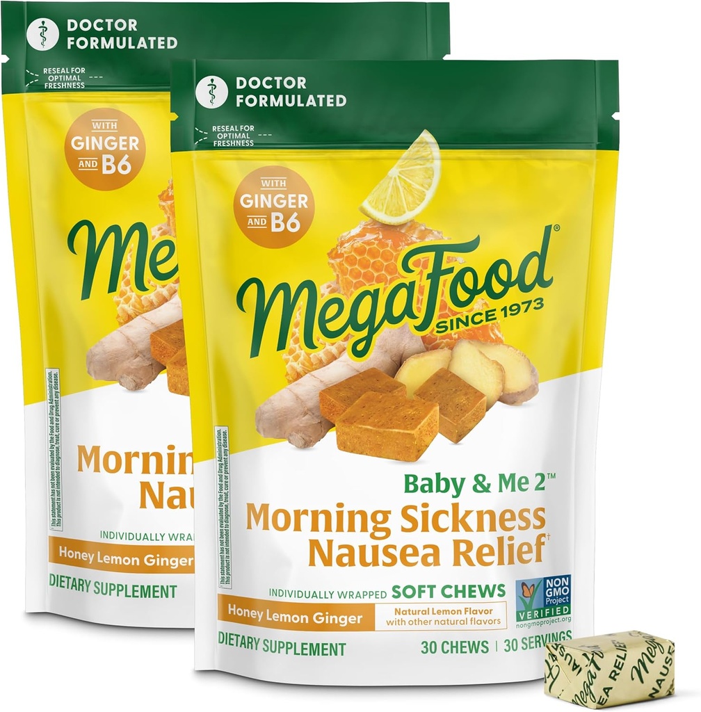 MegaFood Baby & Me Προγεννητική Πρωινή Αρωγή Ασθένειας, Ginger Chews, με Βιταμίνη Β6, Made Without 9 Food αλλεργιογόνα, Μέλι Lemon Ginger Flavor, 30 Chews (Pack of 2)