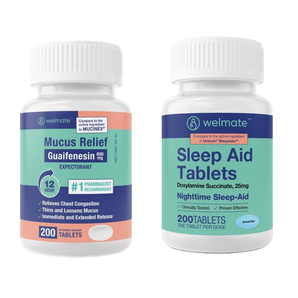 WELMATE Nighttime Wellness Bundle: Mucus Relief Guaifenesin 600mg Mucus Relief (200 Ct) & Doxylamine Ηλεκτρικό 25mg Sleep Aid (200 Ct)
