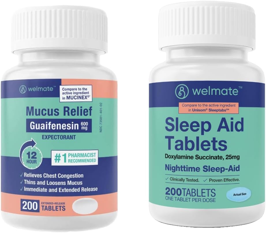 WELMATE Nighttime Wellness Bundle: Mucus Relief Guaifenesin 600mg Mucus Relief (200 Ct) & Doxylamine Ηλεκτρικό 25mg Sleep Aid (200 Ct)