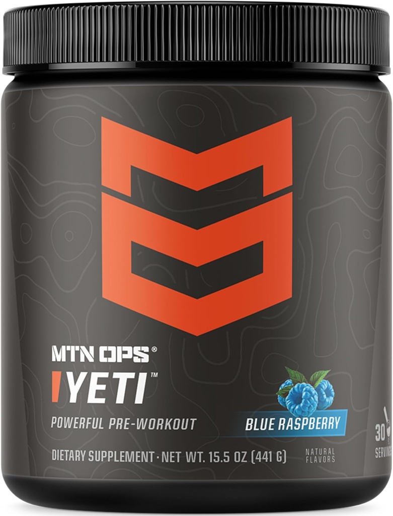 MTN OPS Yeti Pre-Workout Powder Energy Drink with Creatine, 200mg καφεΐνη & BCAAs με Beta Alanine, 30-Serving Tub, Blue Raspberry