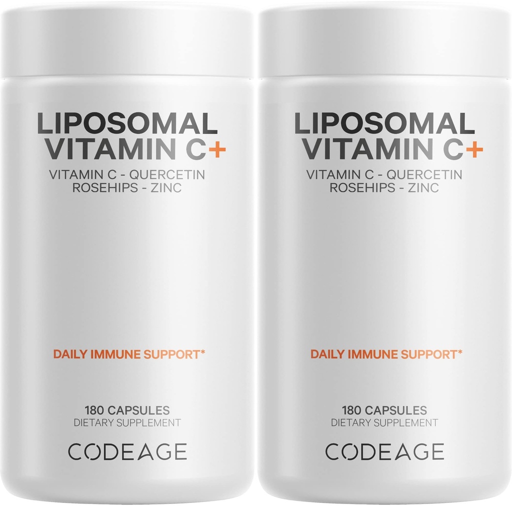 Codeage Liposomal Vitamin C 1500mg με ψευδάργυρο, Elderberry, Citrus Bioflavonoids Grapefruit, Lemon, Orange Powder, Quercetin & Rose HIPS Fruit – Vegan Supplement - Μη ΓΤΟ, Vegan Pills - 2 Pack