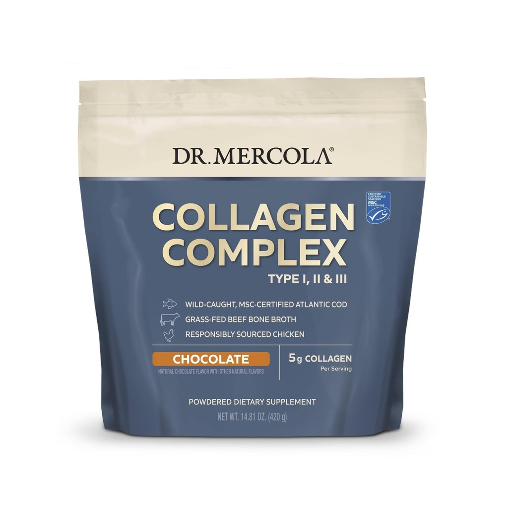 Dr. Mercola Collagen Complex Powder - Υποστηρίζει την ελαστικότητα του δέρματος & κοινή λειτουργία - Multi-Πηγή Collagen Τύποι I II III - 10.89 oz (30 υπηρεσίες) - Σοκολάτα