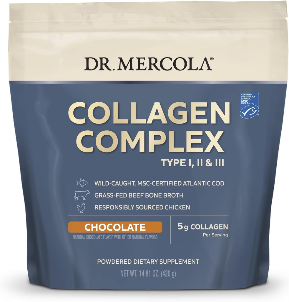 Dr. Mercola Collagen Complex Powder - Υποστηρίζει την ελαστικότητα του δέρματος & κοινή λειτουργία - Multi-Πηγή Collagen Τύποι I II III - 10.89 oz (30 υπηρεσίες) - Σοκολάτα