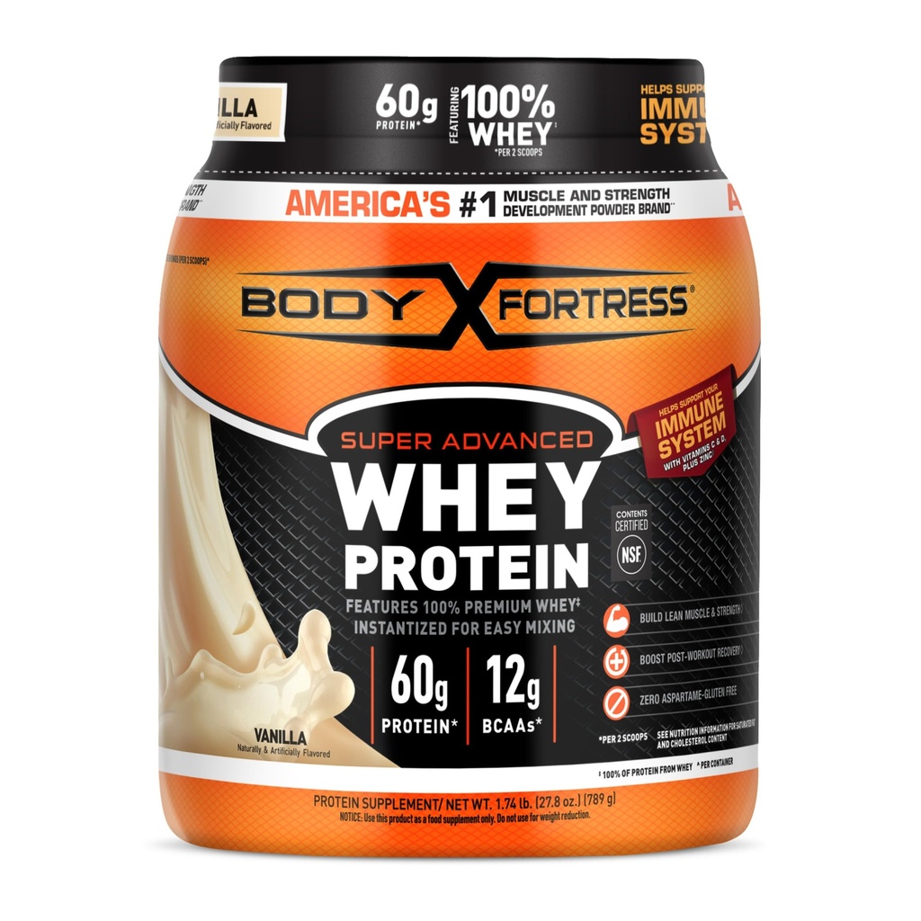 Φρούριο σώματος Super Advanced Whey πρωτεΐνη σκόνη, βανίλια, ανοσοποιητική υποστήριξη (1), βιταμίνες C & D Plus ψευδάργυρος, 1,74 lbs