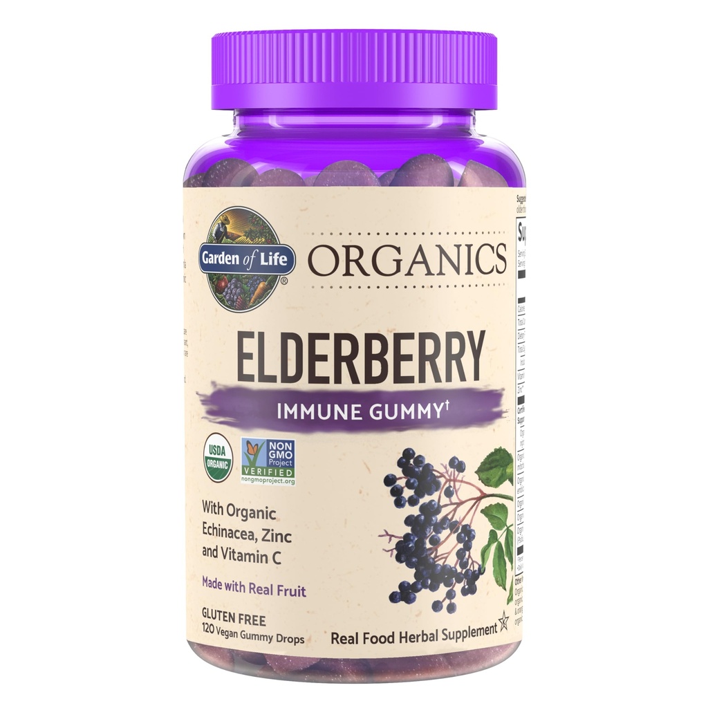 Garden of Life Organics Gummys Elderberry for Adults & Kids - Συμπλήρωμα Ανοσολογικής Υποστήριξης με Βιολογικά Φρούτα, Βότανο Blend, Echinacea, Ψευδάργυρος, Βιταμίνη C, 120 Vegan Gluten Free Gummies