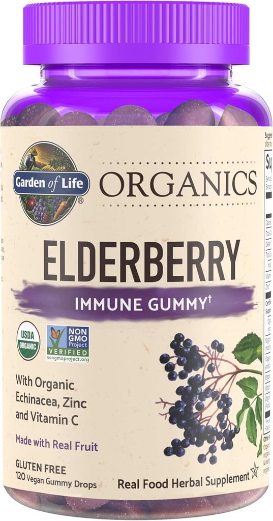 Garden of Life Organics Gummys Elderberry for Adults & Kids - Συμπλήρωμα Ανοσολογικής Υποστήριξης με Βιολογικά Φρούτα, Βότανο Blend, Echinacea, Ψευδάργυρος, Βιταμίνη C, 120 Vegan Gluten Free Gummies