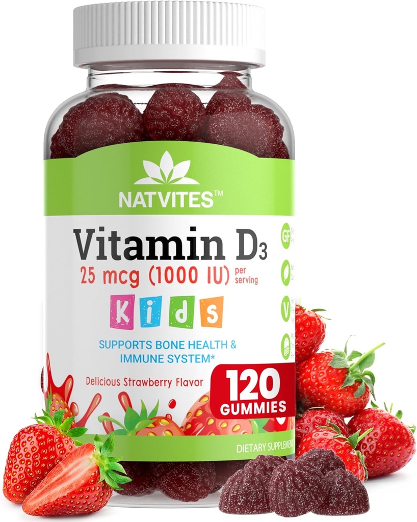 Βιταμίνη D3 Gummies for Kids - Βιταμίνη D 1000 IU Πεκτίνη Gummy - Φράουλα Γεύση - Υγεία των οστών και ανοσοποιητικό συμπλήρωμα υποστήριξης - Μη-GMO, Χωρίς γλουτένη, Vegan, Nut & Γαλακτοκομικά - 120 Count (Pack of 1)