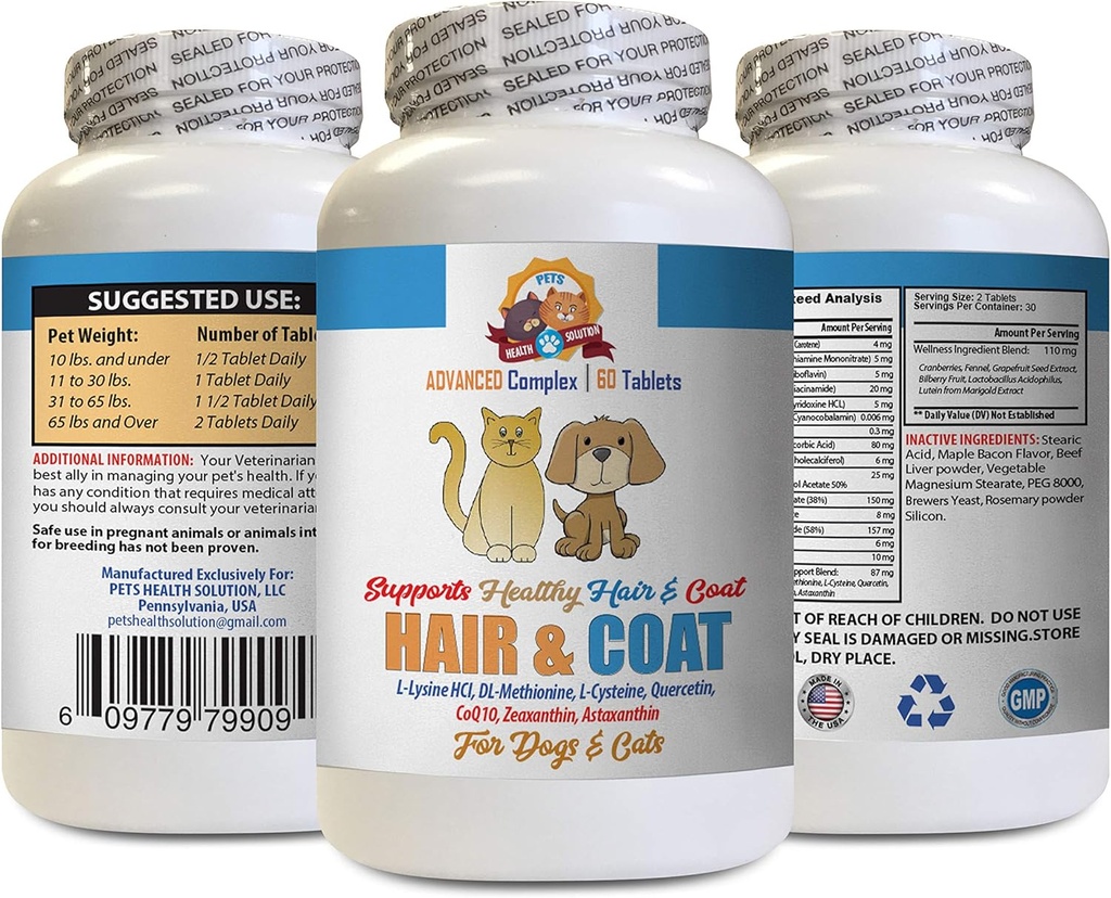 Dog Healthy Coat Supplement - Κατοικίδια ζώα μαλλιά και παλτό Boost - για σκύλους και γάτες - Υποστηρίζει υγιή νύχια δέρμα μαλλιά - quercetin για κατοικίδια - 1 μπουκάλι (60 δισκία)
