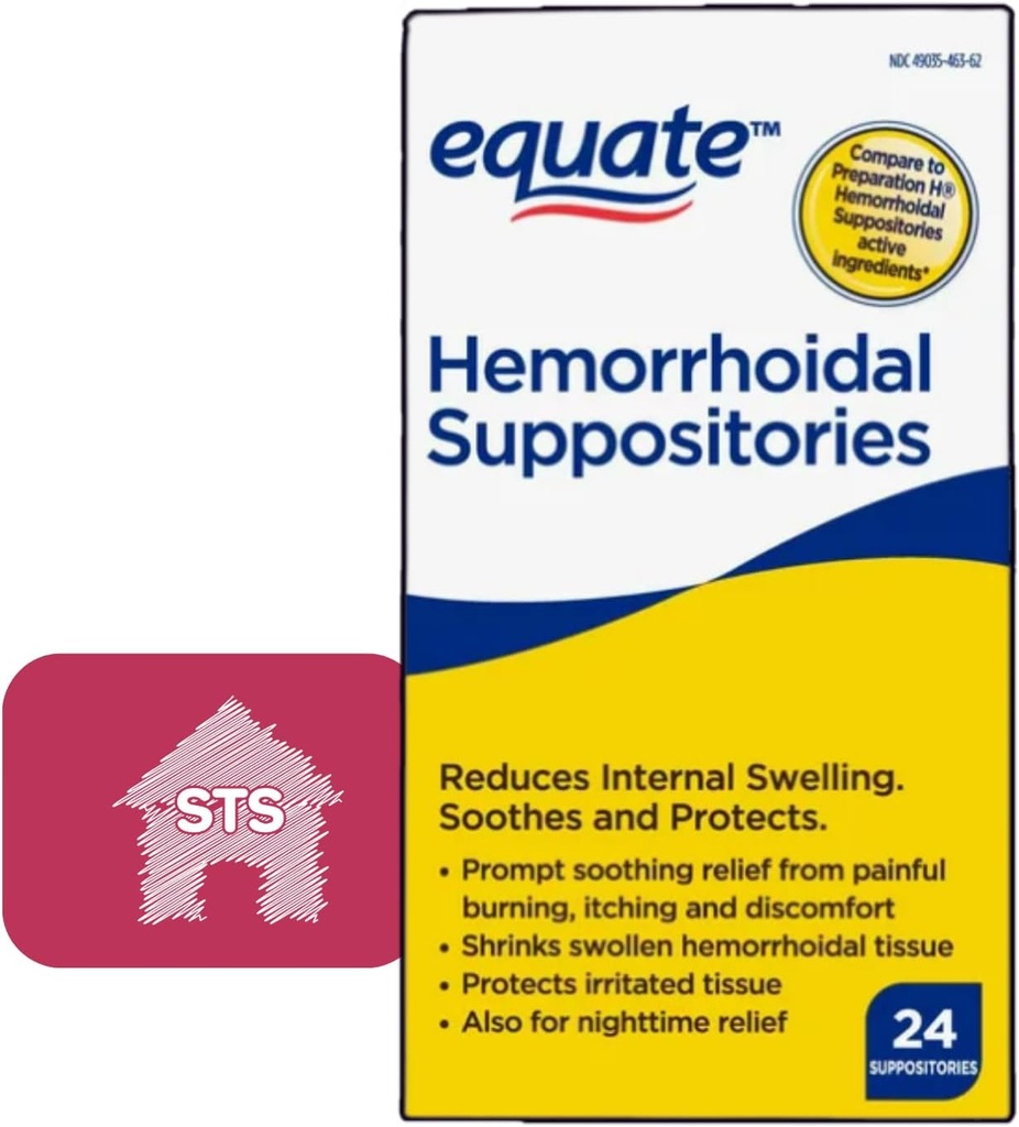 Equate Hemorrhoidal Suppositories, Relief from Burning, Itsing and Discomfort of Hemorrhoids, 24 Count (Pack of 1) + STS Sticker.