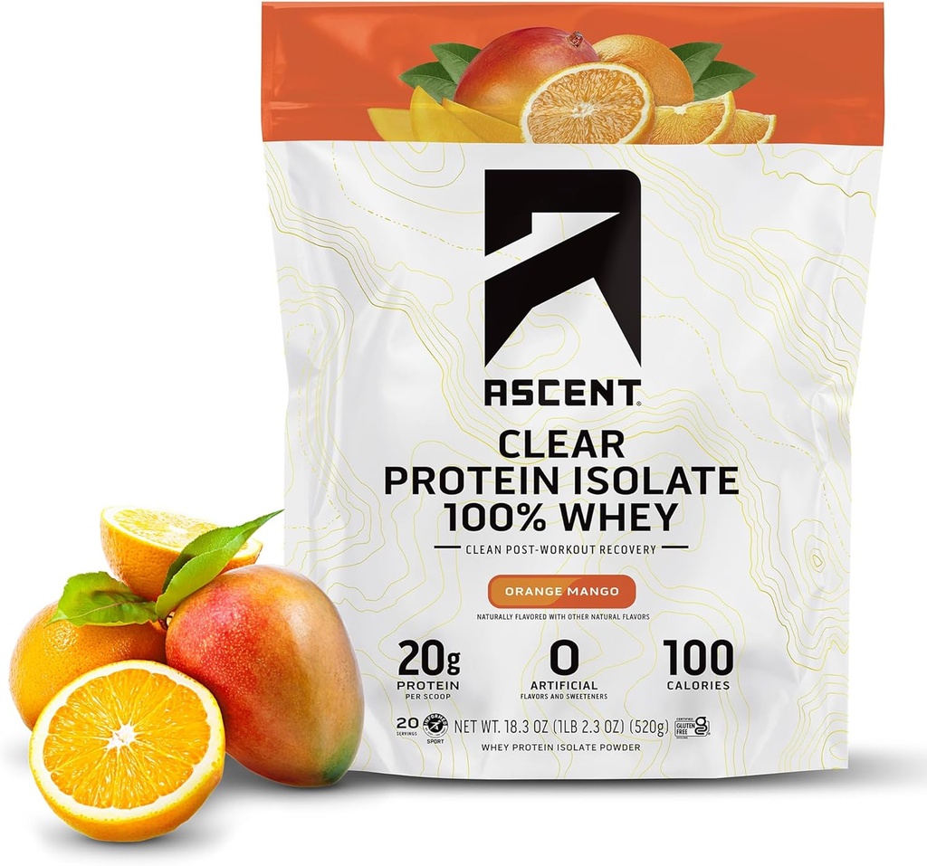Ανύψωση 100% Clear Whey Protein Powder - Post workout, Zero Artificial Flavors & Sweeteners, Gluten Free, 5.5g BCAA, 2.1g Leucine, Essential Amino Acids, Orange Mango, 20 εξυπηρετούν