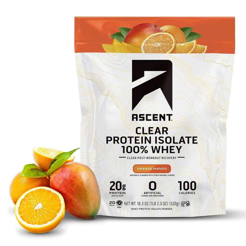 Ascent 100% Clear Whey Protein Powder - Post Workout, Zero Artificial Flavors & Sweeteners, Gluten Free, 5.5g BCAA, 2.1g Leucine, Essential Amino Acids, Orange Mango, 20 Servings