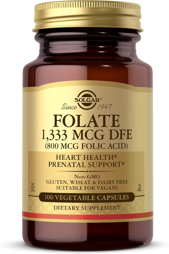 Solgar Folate 1,333 mcg Διαιτητικό Folate Ισοδύναμο (800 mcg Folic Acid), 100 Φυτικές Κάψουλες - Υγεία της καρδιάς, Υγιεινό Νευρικό Σύστημα, Προγεννητική Υποστήριξη - Μη ΓΤΟ, Vegan, Χωρίς Γλουτένη - 100 Σερβιέτες