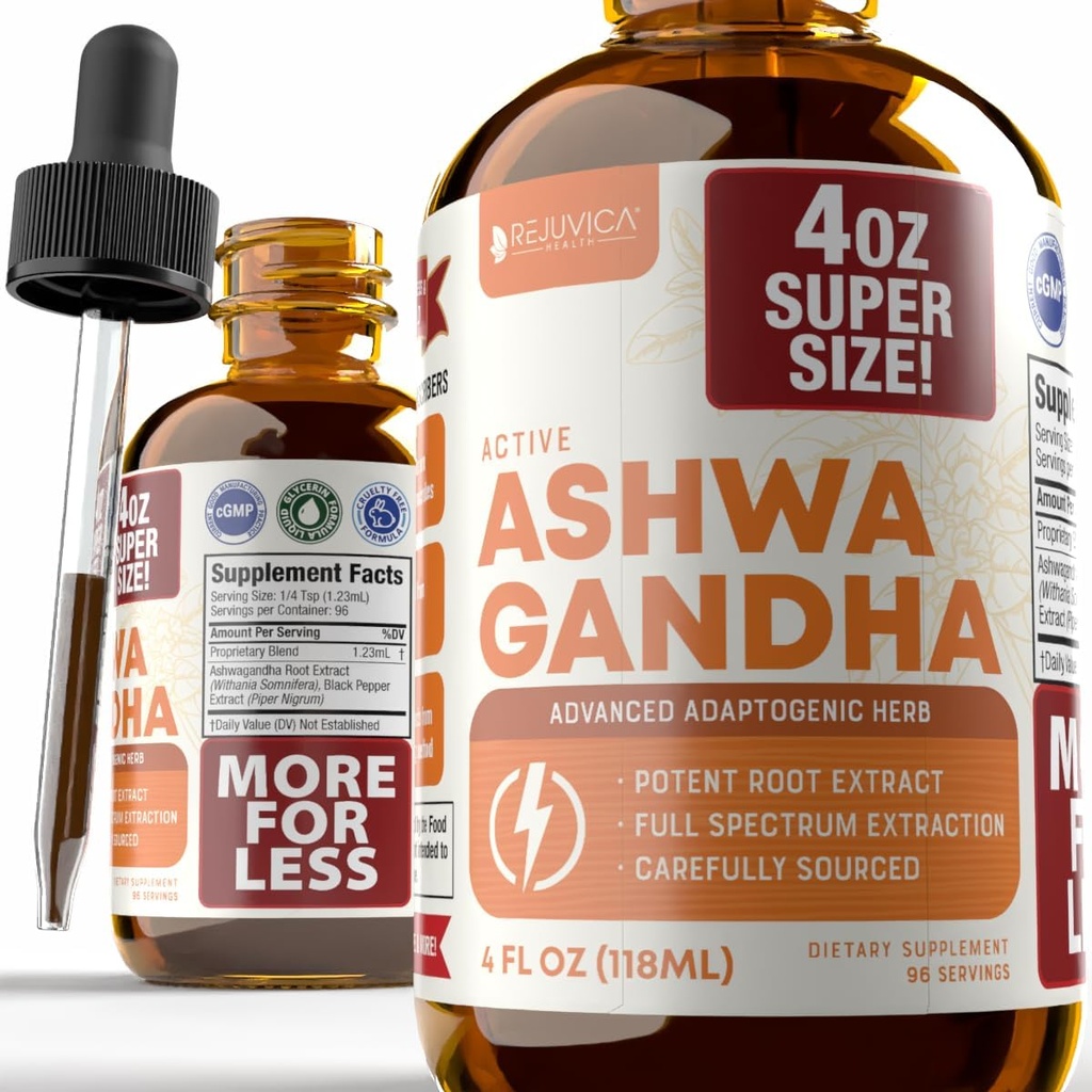 Rejuvica Health Active Ashwagandha 4oz XL Super Size - Προηγμένο υγρό συμπλήρωμα Βάμμα - Withania Somnifera Extract Drops - Ashwagandha Roots Only - Φυσικά που εμφανίζονται Withanolides