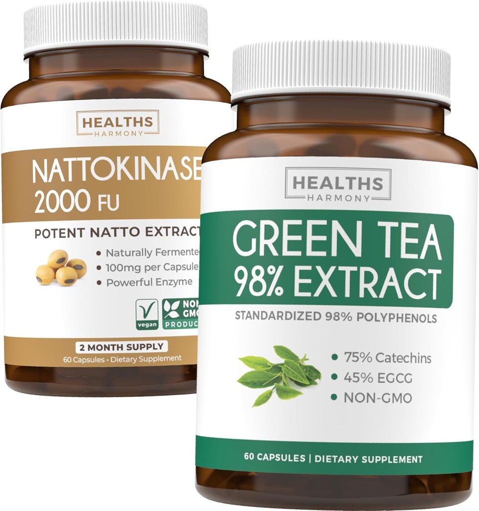 Nattokinase & Πράσινο Τσάι (1-Month Supply) Ενεργειακό Boost Bundle - Nattokinase 2000 FU Ισχυρή φυσικά ζυμωμένη Σόγια (60 Caps) & Πράσινο Τσάι εκχύλισμα 98% με EGCG (Non-GMO) Φυσικός Μεταβολισμός Boost
