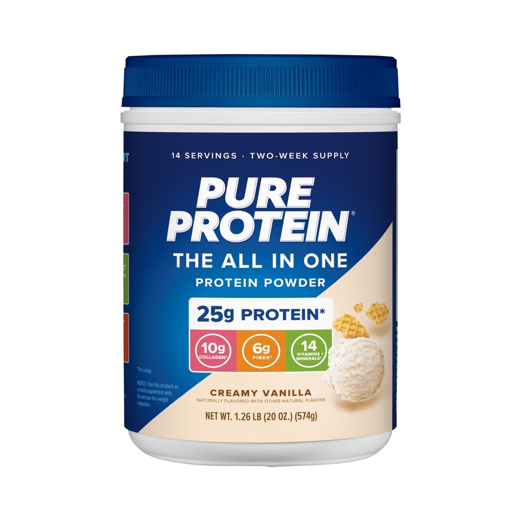 Pure Protein All-In-One Powder, Vanilla - Whey & Collagen, High Fiber, Βιταμίνες, Χωρίς Προστιθέμενη Ζάχαρη, Μη ΓΤΟ, Χωρίς Γλουτένη, 1.25lb