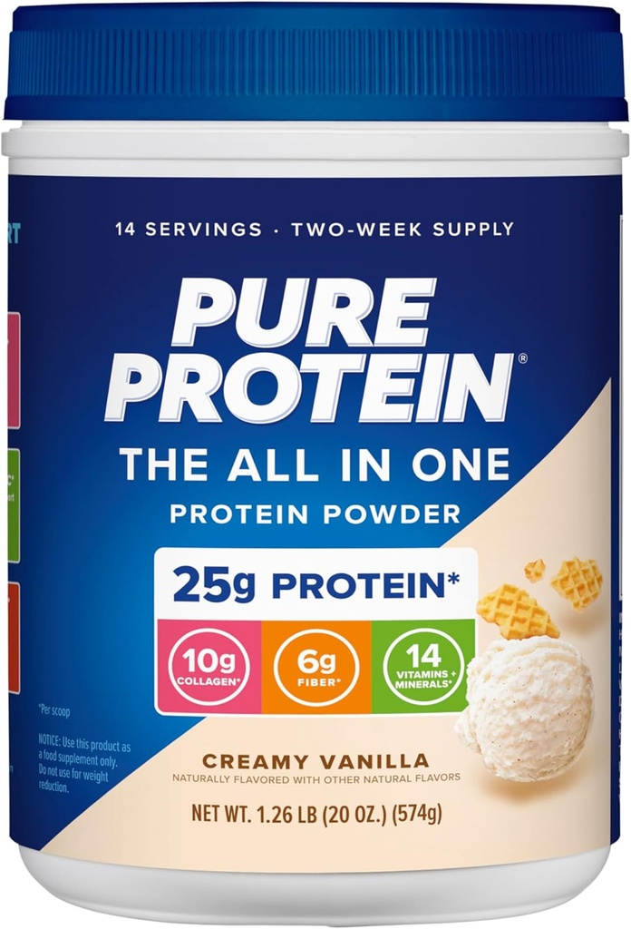 Pure Protein All-In-One Powder, Vanilla - Whey & Collagen, High Fiber, Vitamins, No Added Sugar, Non-GMO, Gluten-Free, 1.25lb