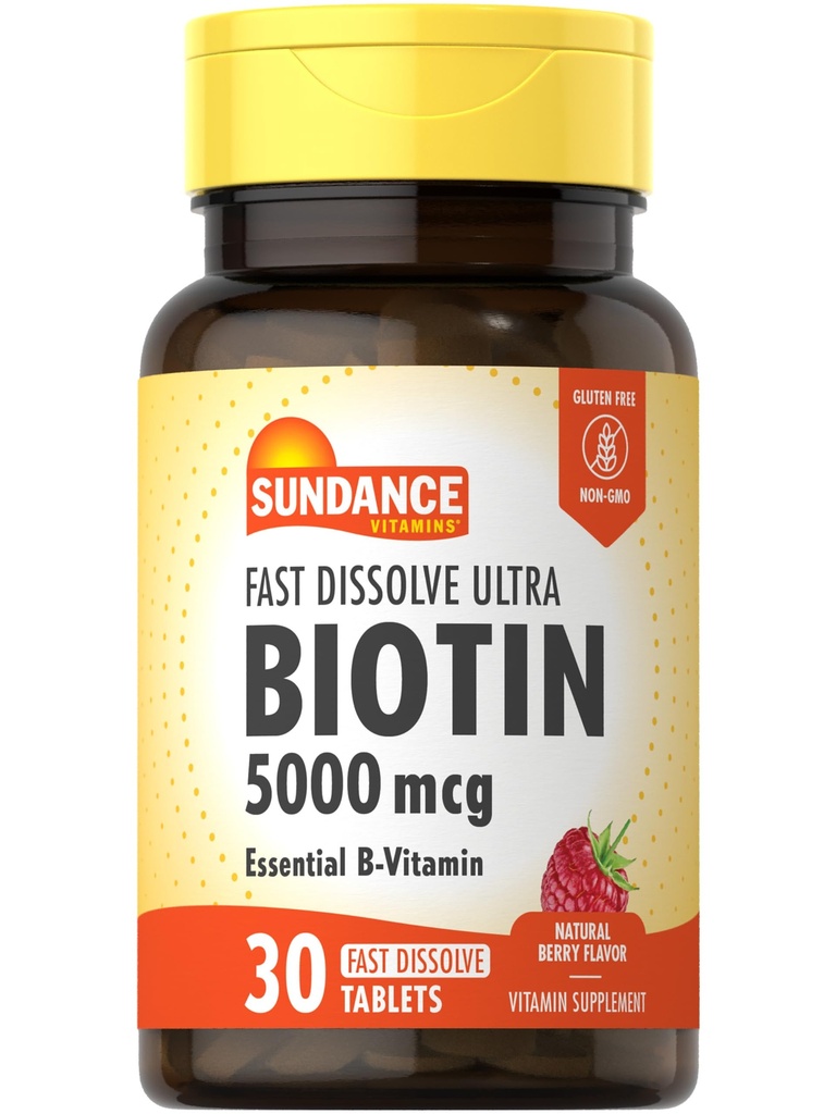 Sundance Fast Dissolve Biotin 5000mcg | 30 Tablets | Essential B-Vitamin | Natural Berry Flavor | Vegetarian, Non-GMO, and Gluten Free Supplement